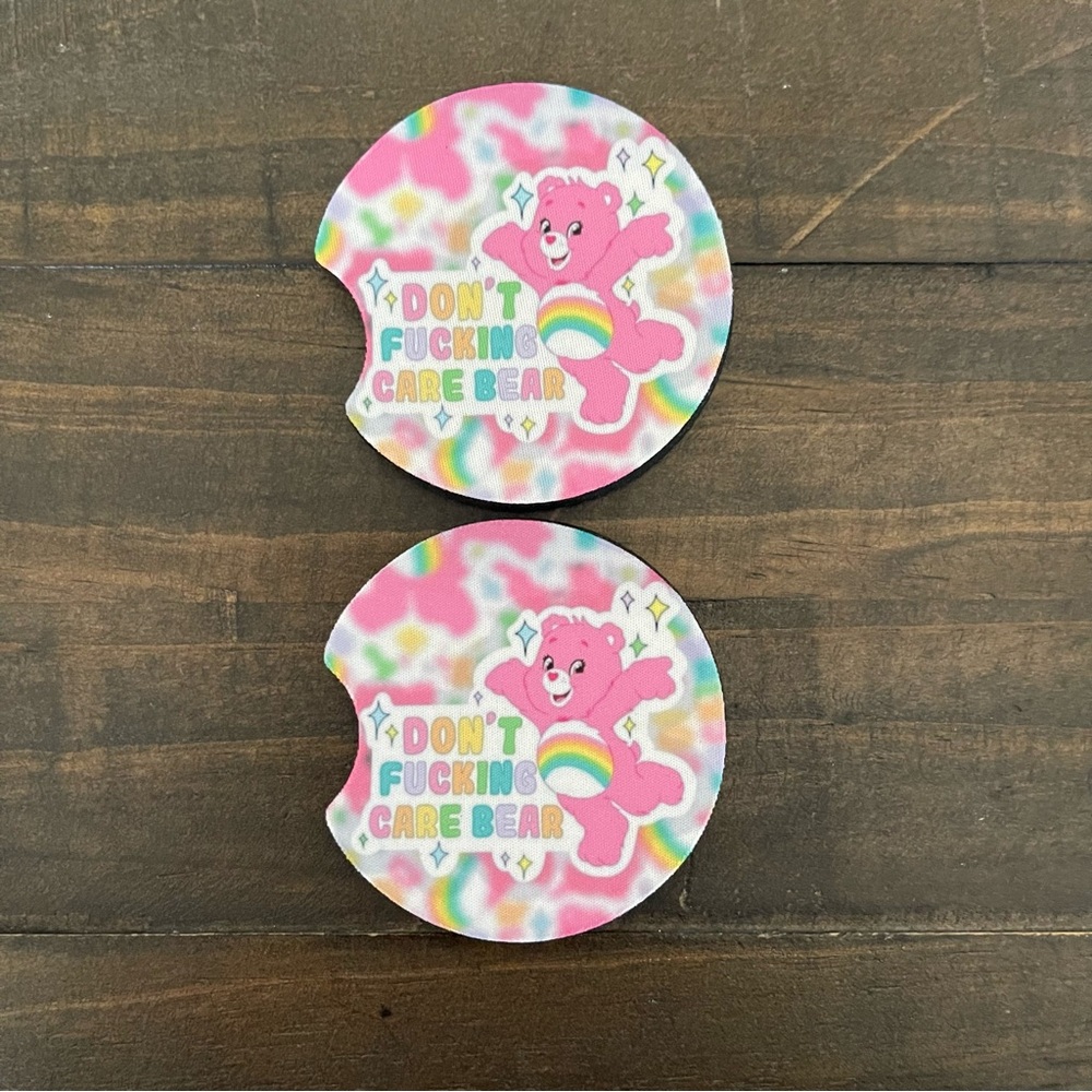 ‘Don’t Care Bear’ Pink & Rainbow Car Coasters-Set of 2
